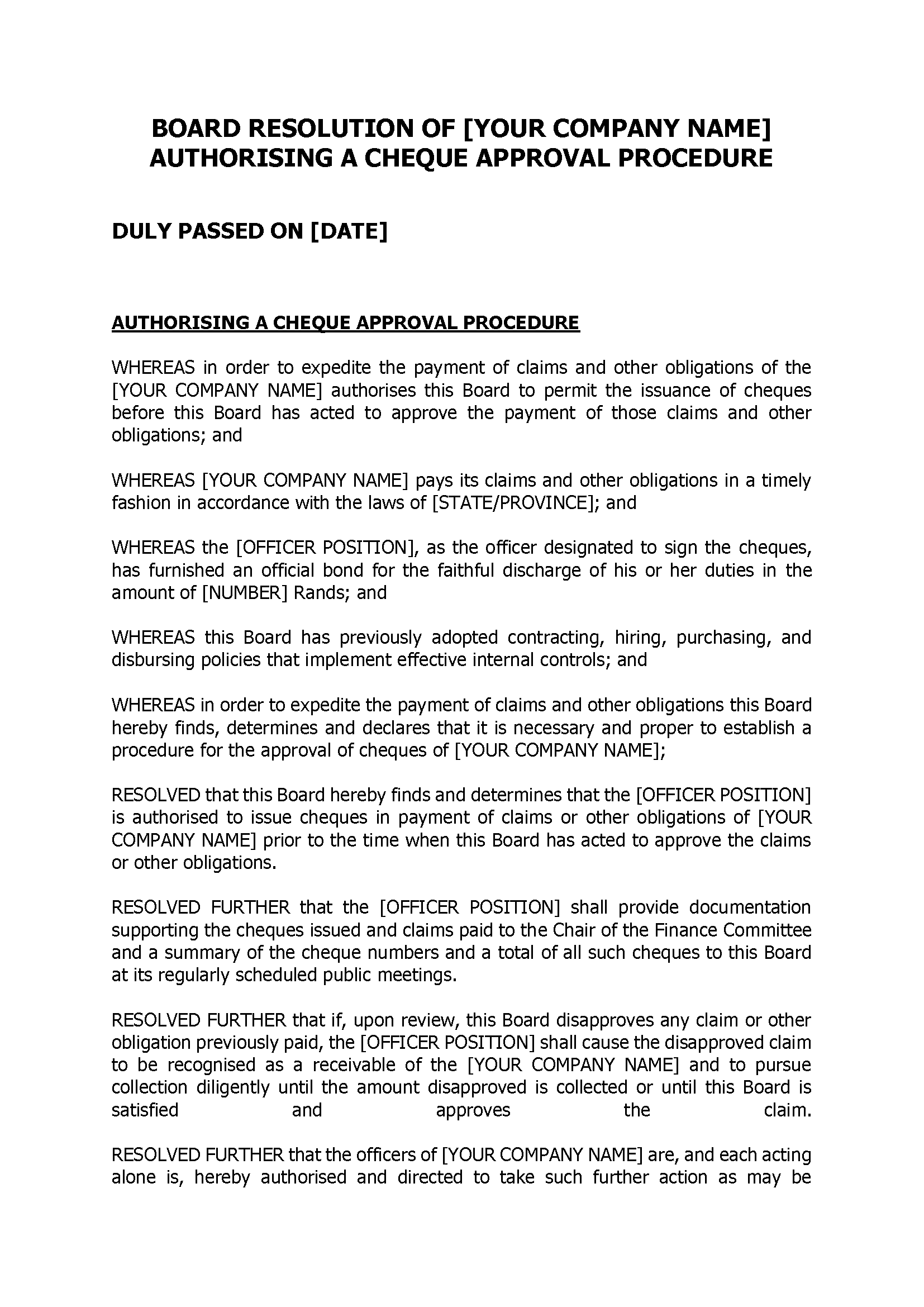 Board Resolution Of [Your Company Name] Authorising A Cheque Approval Procedure